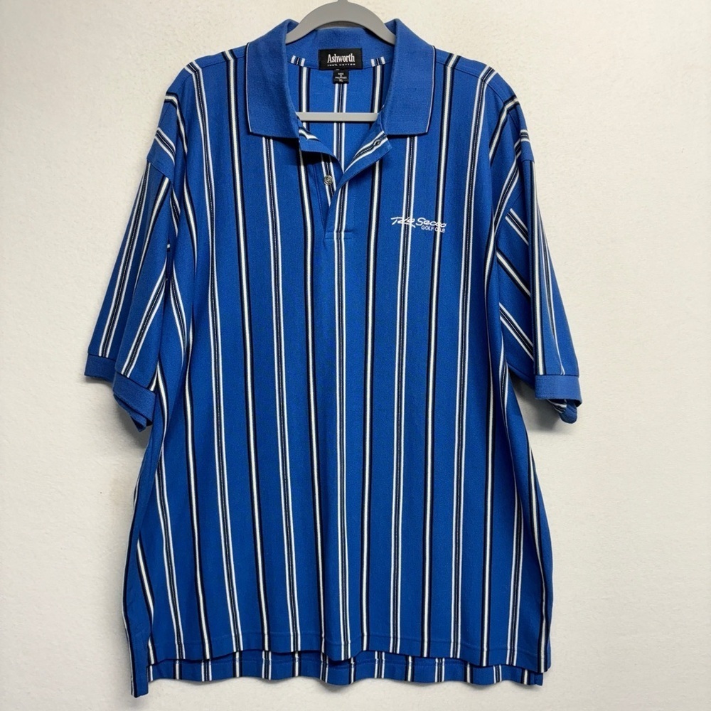Ashworth Stripe Golf‎ Polo Shirt XL Blue Striped Rio Secco Embroidered